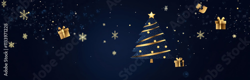 A dark blue background with a golden Christmas tree, snowflakes, and gifts floating around. The design is minimalistic, featuring a simple illustration style. It's suitable for social media banners