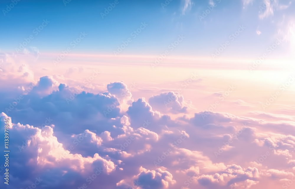 Soft pink and blue clouds during sunset create a serene sky view above the horizon Soft pink and blue clouds during sunset create a serene sky view above the horizon