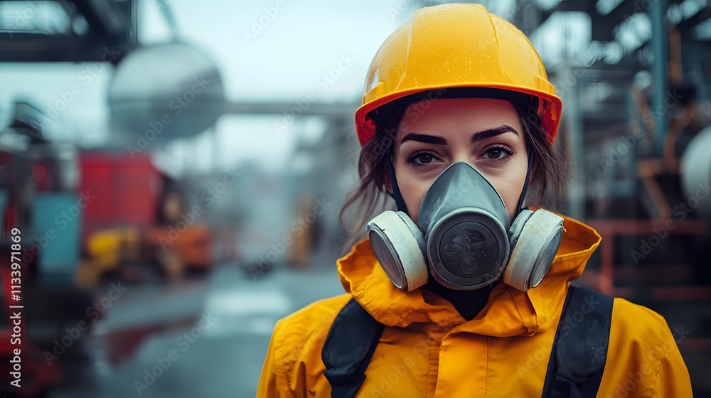 A woman adorned in a vibrant yellow helmet and protective gas mask stands confidently in a hazardous work environment. Her sturdy attire hints at the dangerous nature of her surroundings. A woman adorned in a vibrant yellow helmet and protective gas mask stands confidently in a hazardous work environment. Her sturdy attire hints at the dangerous nature of her surroundings.