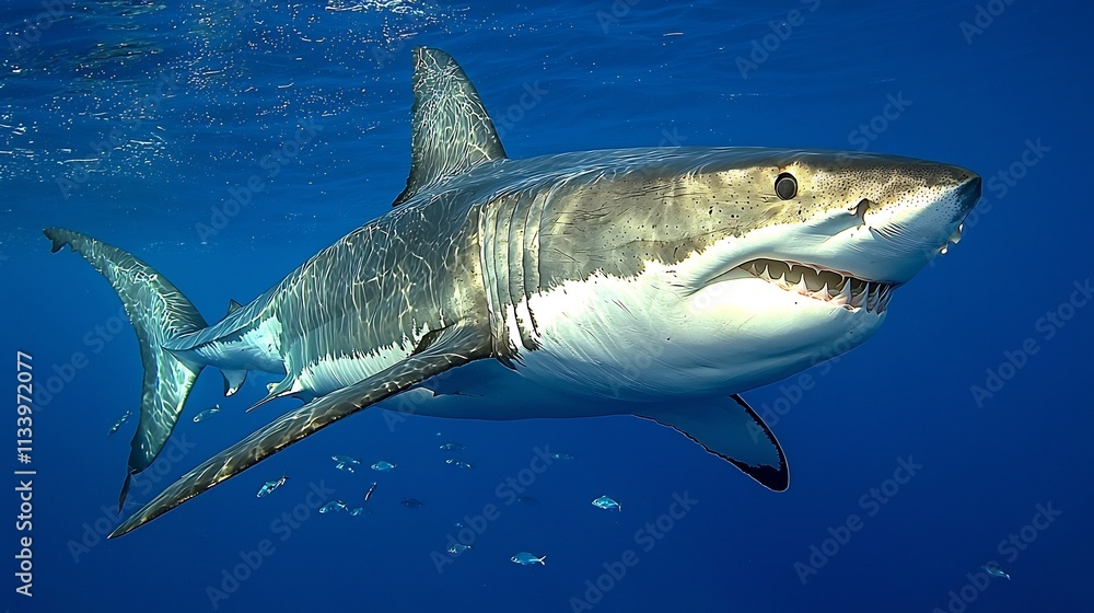 Fototapeta premium Powerful Great White Shark Gliding Silently Through the Depths of the Open Ocean