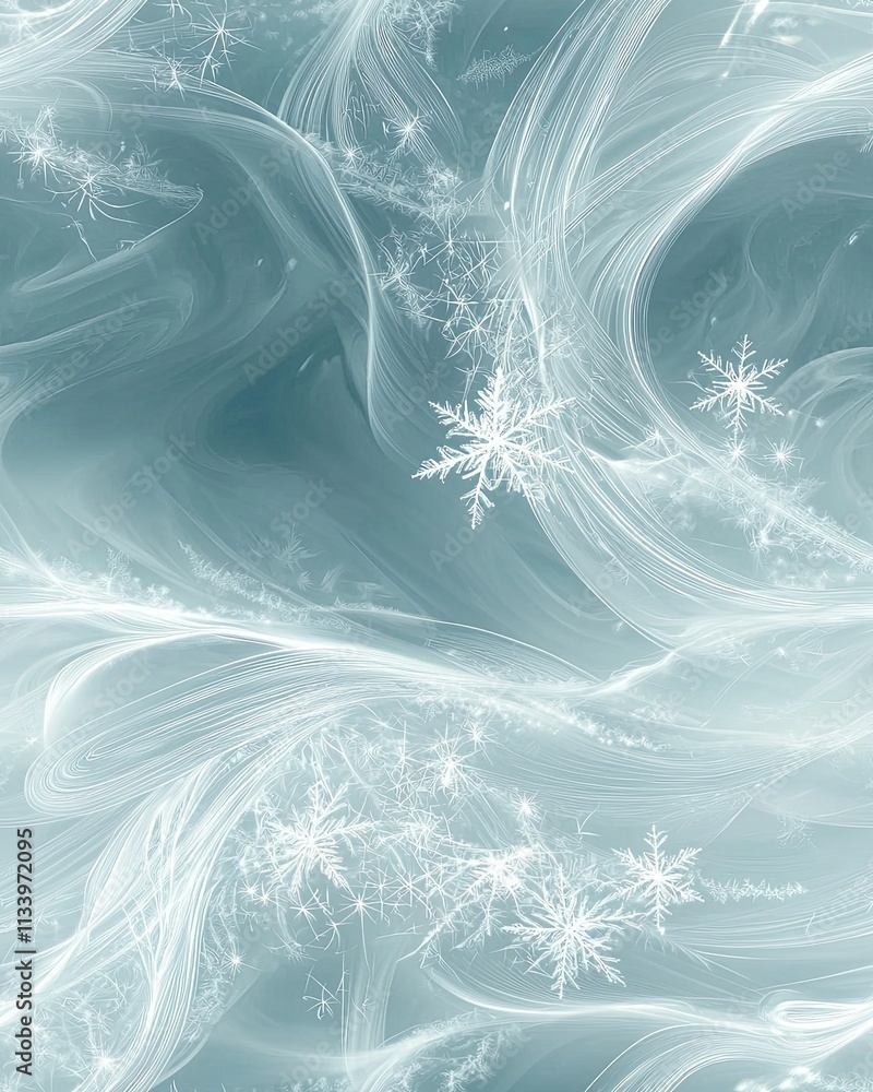 Fototapeta premium Frosty blue background with swirling patterns and delicate snowflakes creates a serene winter atmosphere.