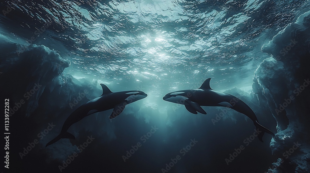 Obraz premium A Pod of Orcas Swimming in Unison Through Icy Ocean Waters Symbolizing the Power and Grace of Nature s Apex Predators