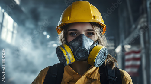 A woman adorned in a vibrant yellow helmet and protective gas mask stands confidently in a hazardous work environment. Her sturdy attire hints at the dangerous nature of her surroundings.  photo