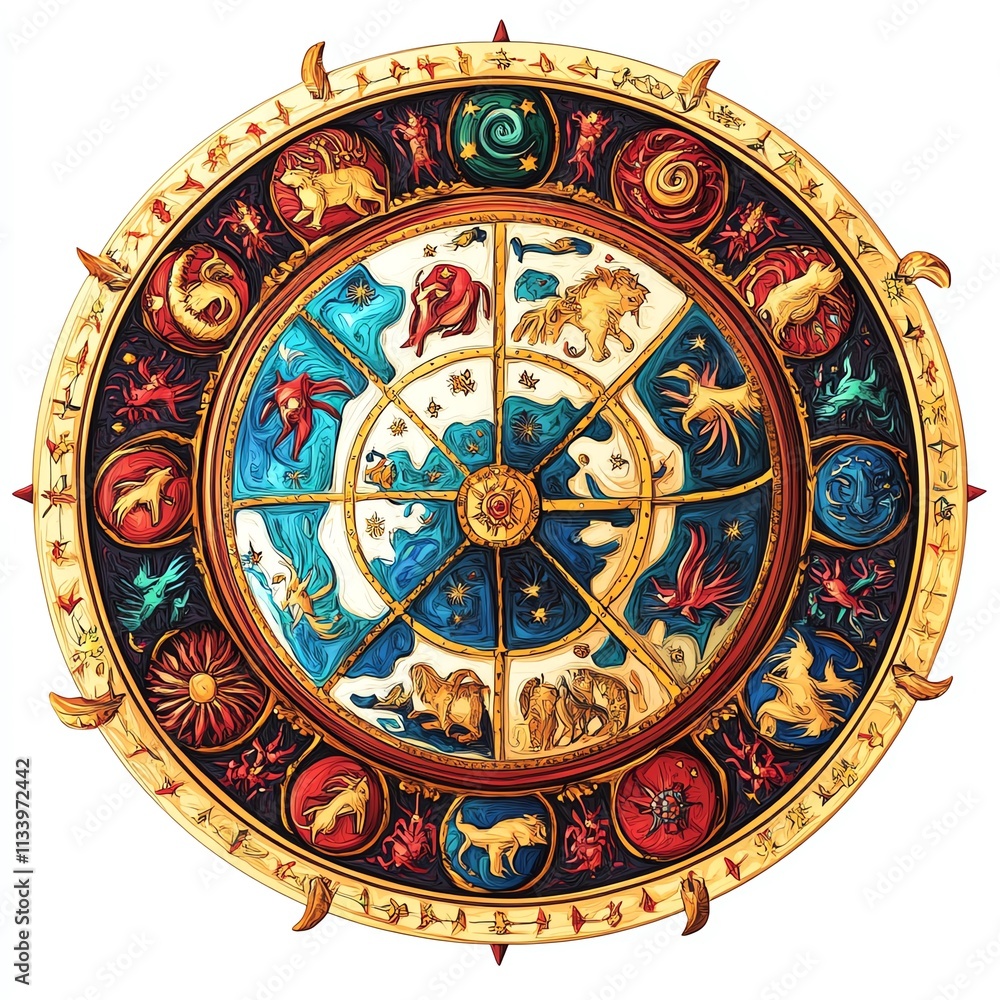 Naklejka premium Astrological zodiac wheel featuring colorful symbols of the twelve zodiac signs.