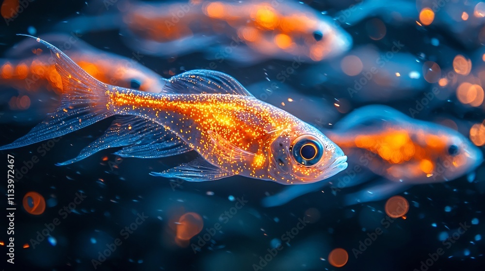 Obraz premium Glowing Bioluminescent Fish Illuminating the Surreal Underwater World