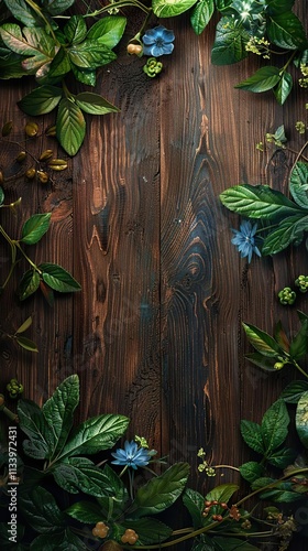 a wooden table with a bunch of flowers on it photo