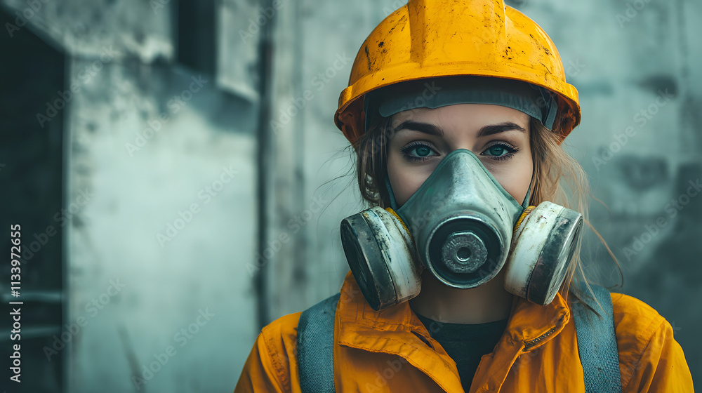 A woman adorned in a vibrant yellow helmet and protective gas mask stands confidently in a hazardous work environment. Her sturdy attire hints at the dangerous nature of her surroundings. A woman adorned in a vibrant yellow helmet and protective gas mask stands confidently in a hazardous work environment. Her sturdy attire hints at the dangerous nature of her surroundings.