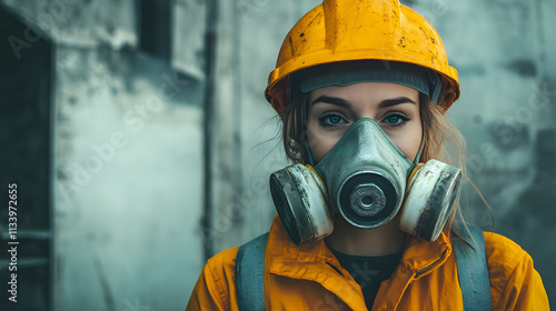 A woman adorned in a vibrant yellow helmet and protective gas mask stands confidently in a hazardous work environment. Her sturdy attire hints at the dangerous nature of her surroundings.  photo