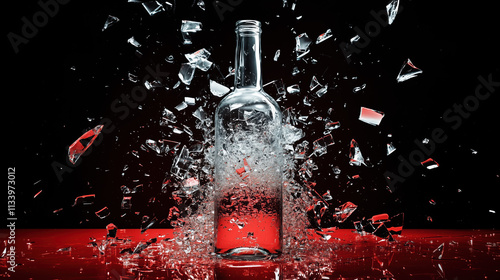 High-Speed Photography of Shattered Wine Bottle with Flying Glass Fragments on Black Background photo