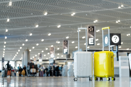 Two suitcases in an empty airport hall, traveler cases in the departure airport terminal waiting for the area, vacation concept, blank space for text message or design, luggage for travel vacation. photo