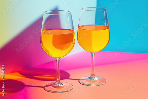 Artistic Display of Wine Glasses with Multicolor Background and Dynamic Visuals photo