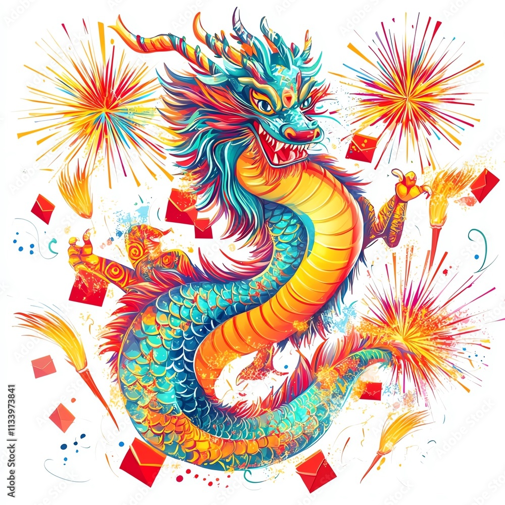 Vibrant dragon illustration celebrating a festive occasion with fireworks. Vibrant dragon illustration celebrating a festive occasion with fireworks.