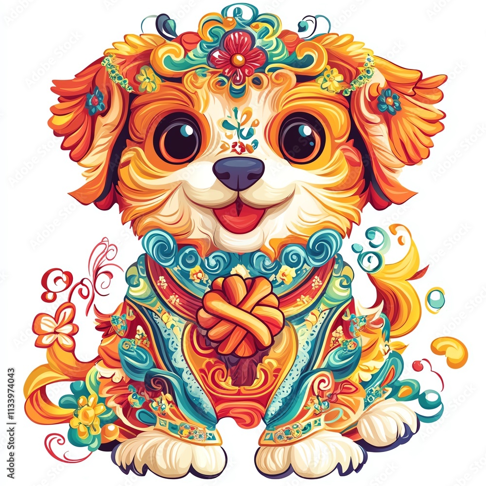 Obraz premium Vibrant illustration of an adorable, decorative puppy with colorful patterns and charm.