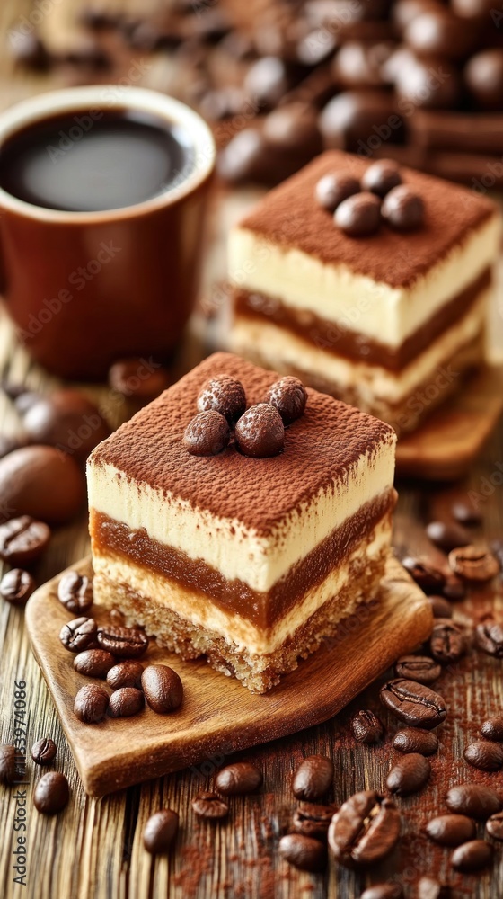 A delicious dessert of layered coffee cake served with a cup of coffee and coffee beans. A delicious dessert of layered coffee cake served with a cup of coffee and coffee beans.