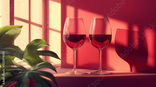 Minimalistic composition of two red wine glasses on a bold red backdrop photo