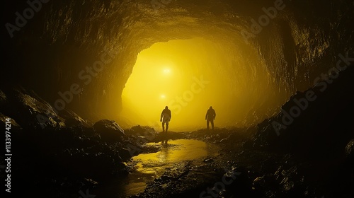 Mysterious figures explore a golden lit cave, a journey into the unknown depths