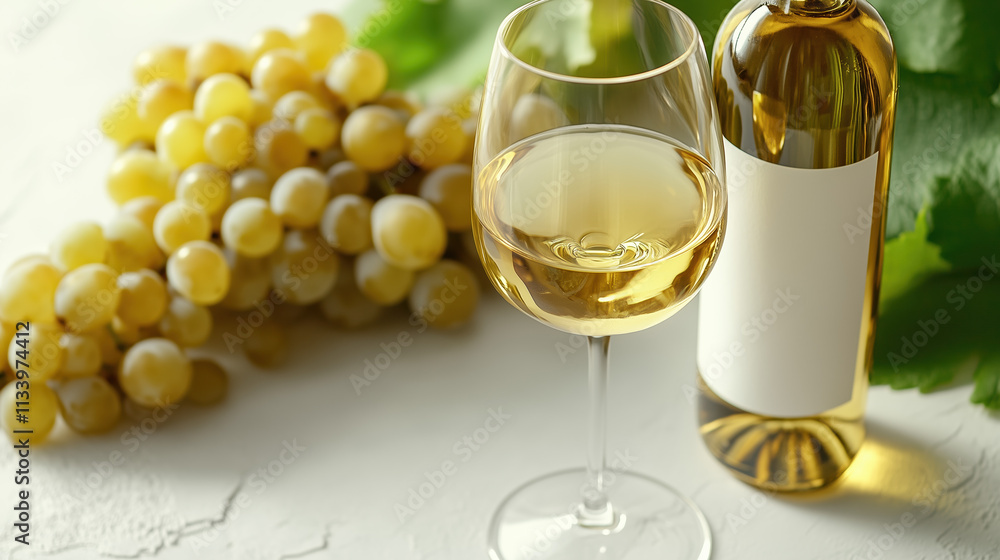 Classic wine setup with a bottle and glass against a minimalist neutral background. Classic wine setup with a bottle and glass against a minimalist neutral background.