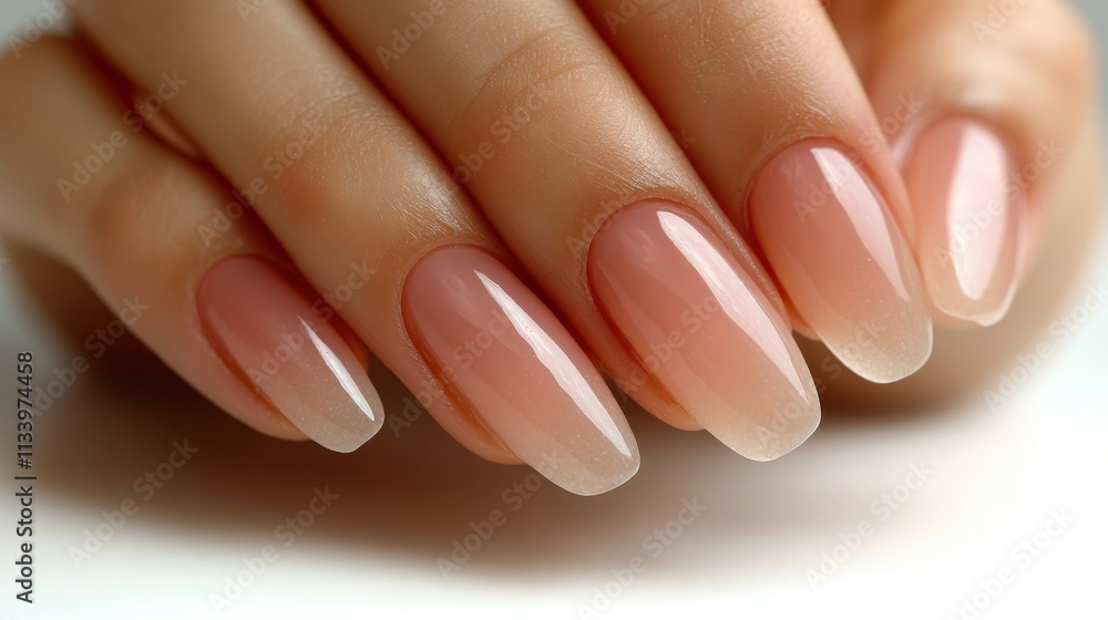 A close-up of elegantly manicured nails featuring a soft ombre design in nude tones. A close-up of elegantly manicured nails featuring a soft ombre design in nude tones.