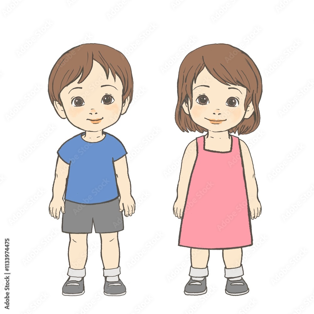 Cartoon kids, boy in blue t-shirt, girl in pink dress standing isolated on white background Cartoon kids, boy in blue t-shirt, girl in pink dress standing isolated on white background