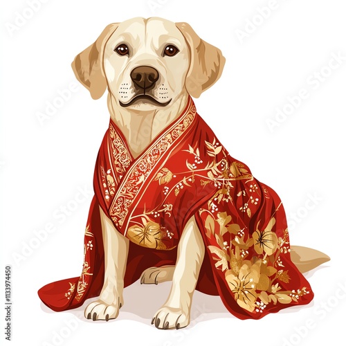 A charming dog dressed in a traditional red kimono, showcasing a unique fashion style. photo