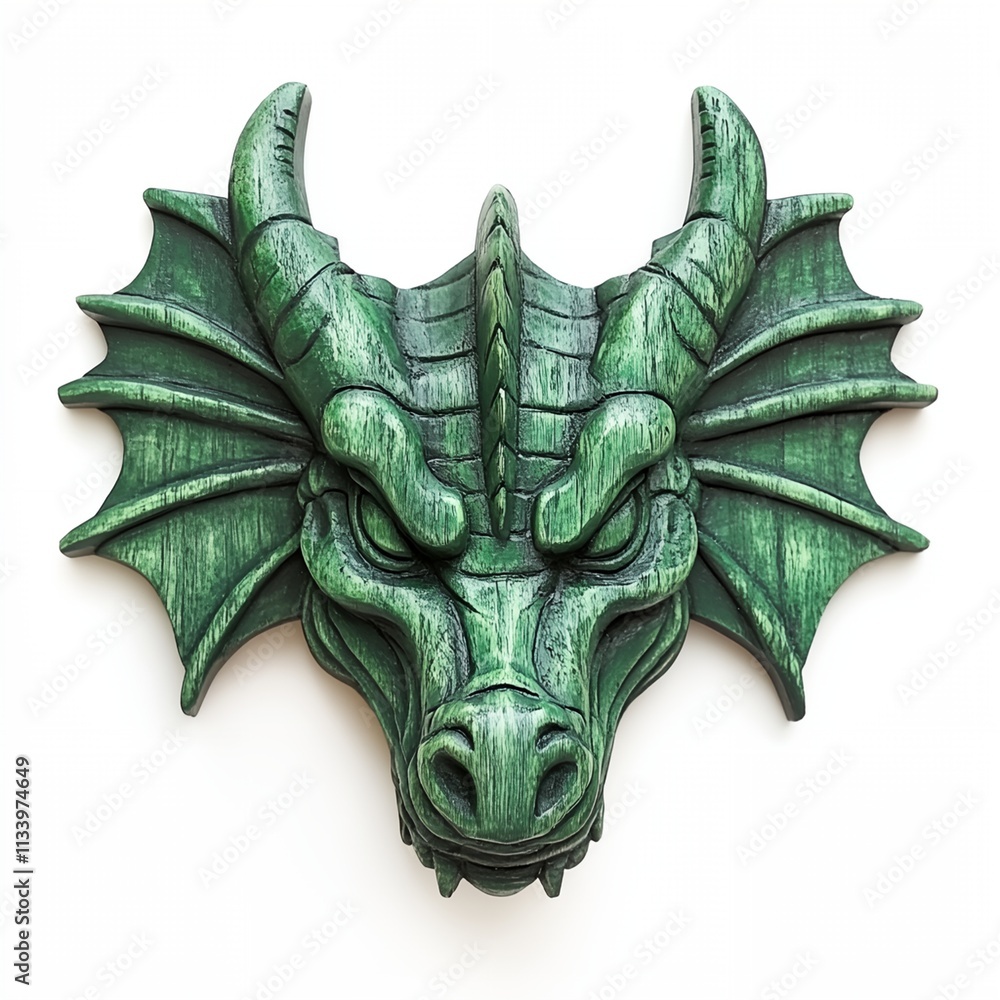 A green dragon head with horns and a menacing expression A green dragon head with horns and a menacing expression
