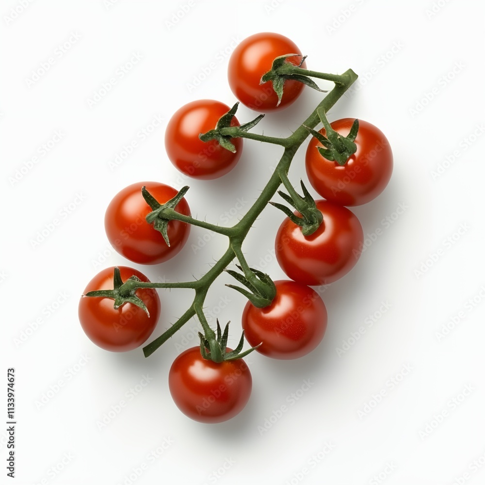 A close up of a tomato plant with six tomatoes on a stem A close up of a tomato plant with six tomatoes on a stem