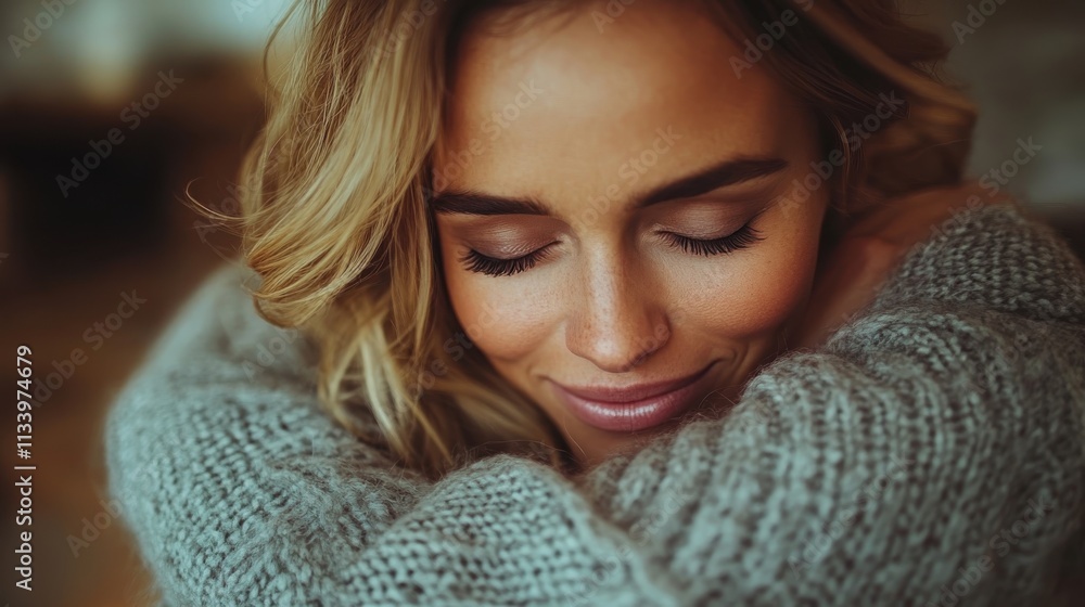 A woman embraces herself, radiating warmth and tranquility, captured in a cozy setting. A woman embraces herself, radiating warmth and tranquility, captured in a cozy setting.