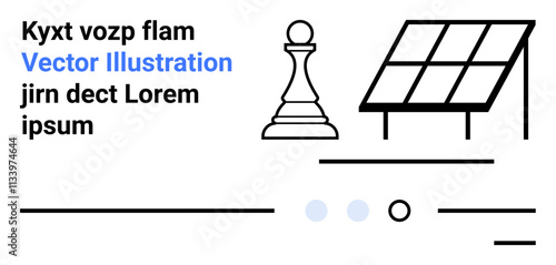 Chess pawn, solar panel, text elements, abstract lines, and dots. Ideal for technology, strategy, sustainability, renewable energy, innovation, design and digital applications Landing page