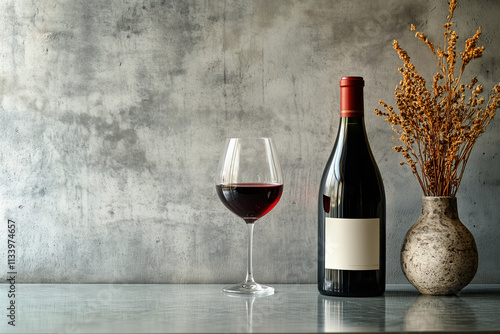 Sophisticated red wine display featuring a Bourgogne bottle and glass against a concrete background.