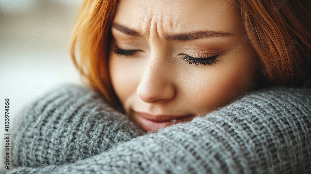 A close-up of a woman embracing herself, conveying emotions of comfort and introspection. A close-up of a woman embracing herself, conveying emotions of comfort and introspection.