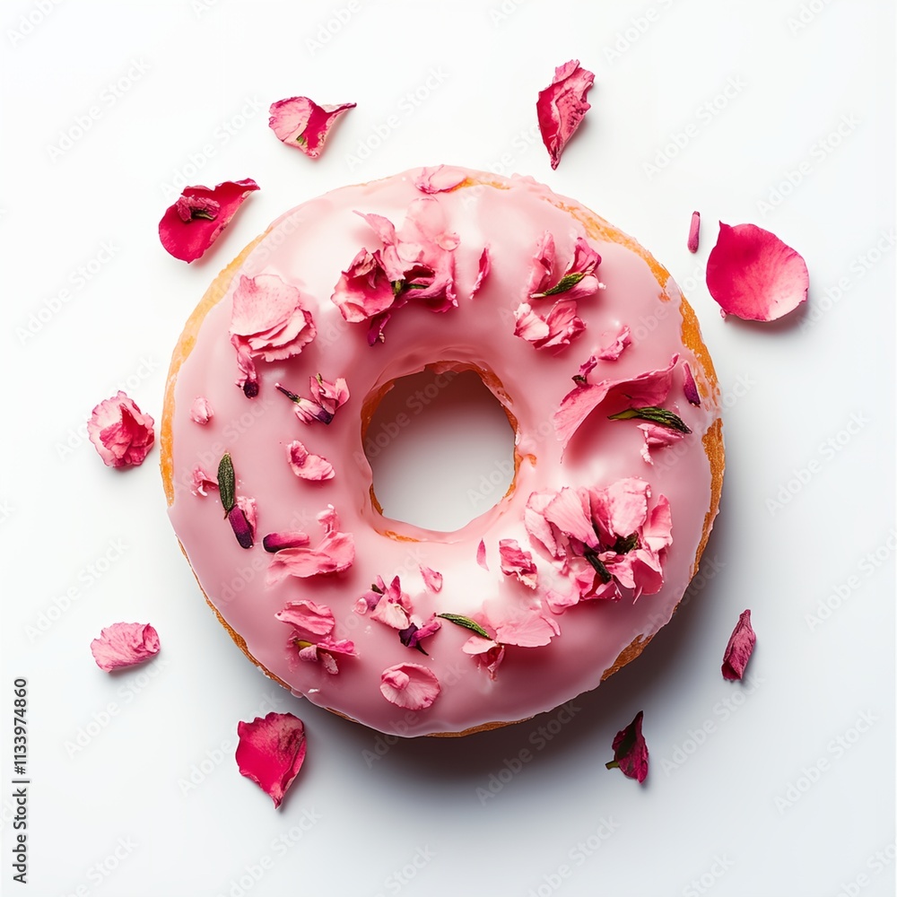 A pink donut with pink flowers on top A pink donut with pink flowers on top