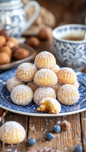 A plate of powdered sugar-coated cookies with a bite taken out, accompanied by tea.