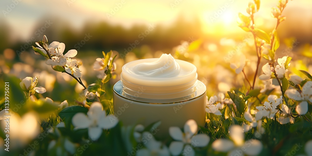 A jar of cream is sitting on a field of flowers A jar of cream is sitting on a field of flowers