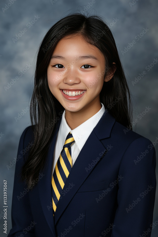 American white girl navy blue tie with light yellow stripes American white girl navy blue tie with light yellow stripes