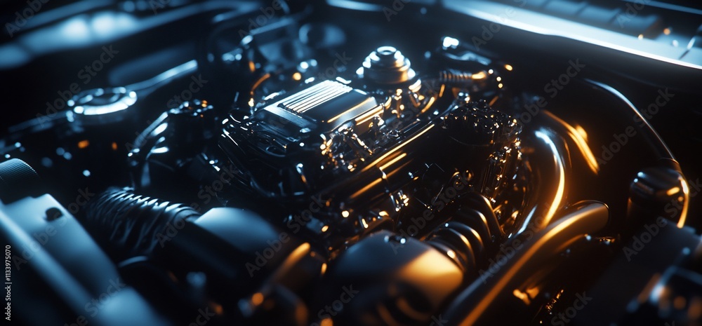 A close-up view of a car engine showcasing intricate mechanical details. A close-up view of a car engine showcasing intricate mechanical details.