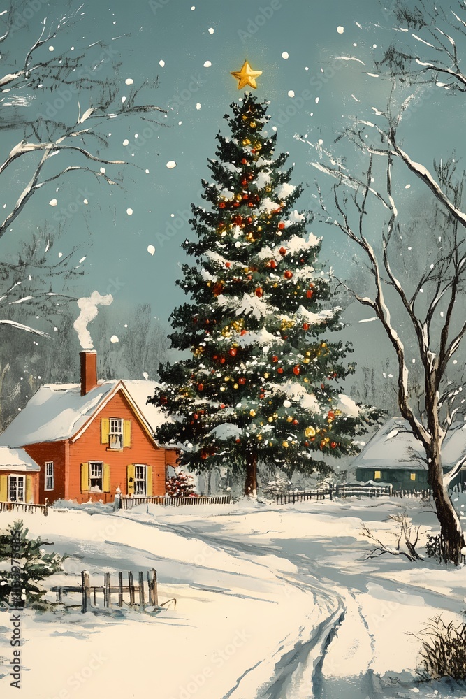 A painting of a Christmas tree in front of a house with a chimney A painting of a Christmas tree in front of a house with a chimney