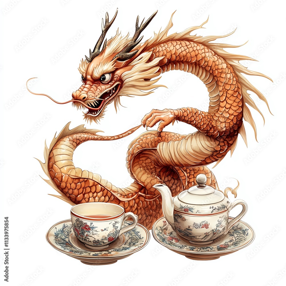 Obraz premium A majestic dragon entwined with elegant tea sets, symbolizing tradition and culture.