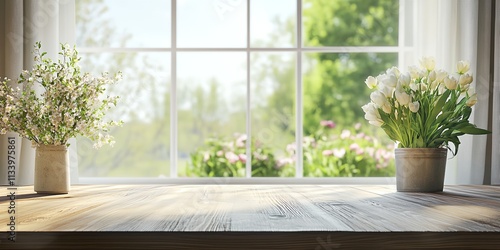 Fototapeta Naklejka Na Ścianę i Meble -  A window sill with two vases of flowers and a window