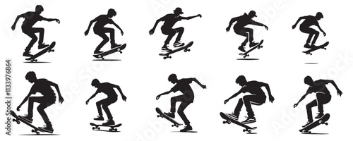 vector set of silhouettes of people playing skateboard