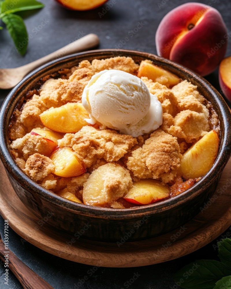 A warm peach cobbler topped with vanilla ice cream in a rustic bowl. A warm peach cobbler topped with vanilla ice cream in a rustic bowl.