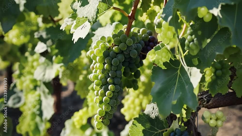 Vibrant green grapes hanging in the vineyard, basking in warm sunlight, a snapshot of nature's beauty by Generative AI Vibrant green grapes hanging in the vineyard, basking in warm sunlight, a snapshot of nature's beauty by Generative AI