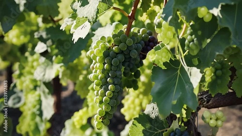 Wallpaper Mural Vibrant green grapes hanging in the vineyard, basking in warm sunlight, a snapshot of nature's beauty by Generative AI Torontodigital.ca