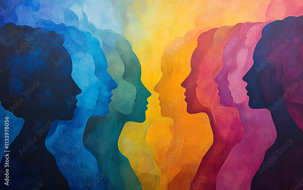An abstract composition of human silhouettes symbolizing community and connection, depicted with vibrant, overlapping colors An abstract composition of human silhouettes symbolizing community and connection, depicted with vibrant, overlapping colors