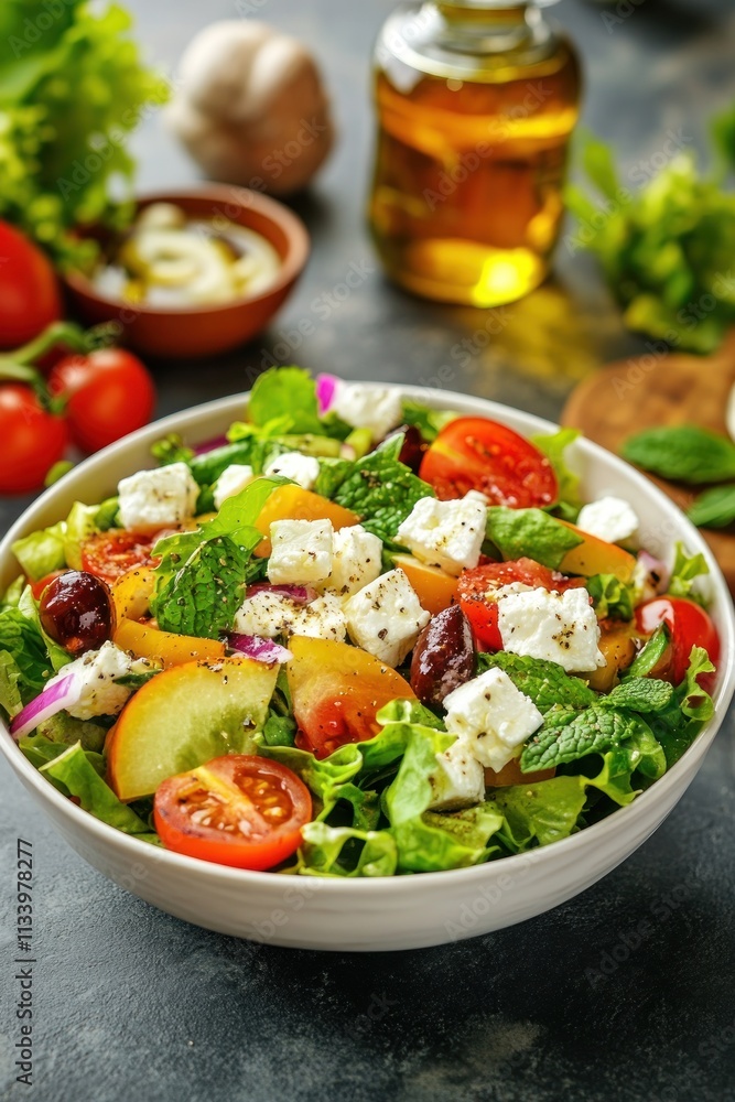 A fresh salad with tomatoes, lettuce, feta cheese, and herbs, ideal for healthy eating. A fresh salad with tomatoes, lettuce, feta cheese, and herbs, ideal for healthy eating.
