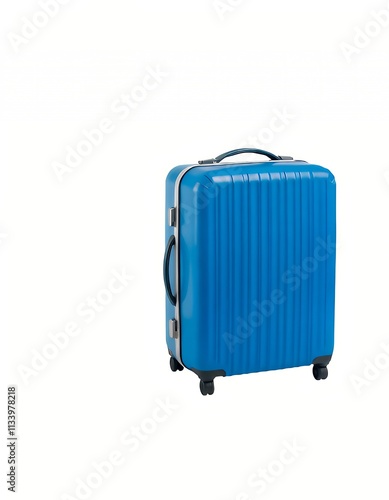 a close up of a blue suitcase on wheels against a white background.