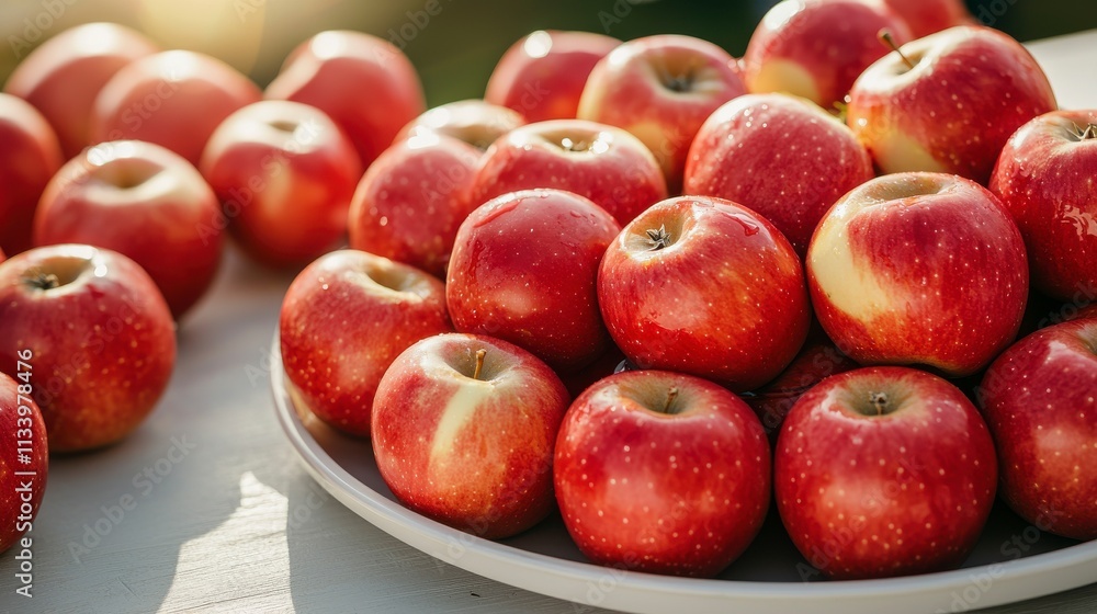 Fresh and Juicy Red Apples Arranged Beautifully on a White Plate Bathed in Natural Light with a Delightful Background of Additional Apples Fresh and Juicy Red Apples Arranged Beautifully on a White Plate Bathed in Natural Light with a Delightful Background of Additional Apples