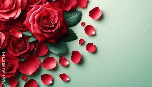 Red roses and petals with light green copy space Background for Valentine’s Day
