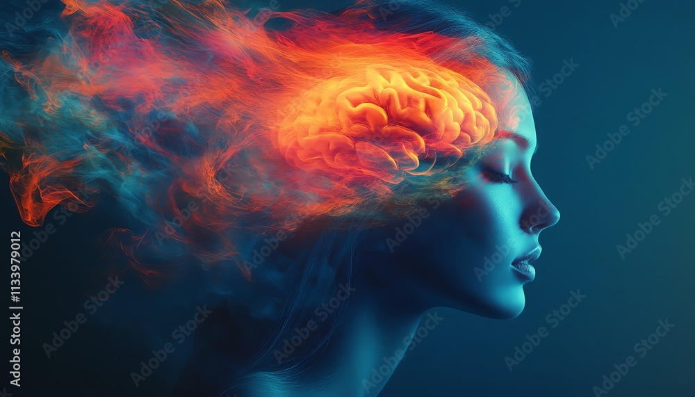 An ethereal portrait of a woman with a colorful, abstract brain explosion, blending artistic creativity into a bold blue atmosphere An ethereal portrait of a woman with a colorful, abstract brain explosion, blending artistic creativity into a bold blue atmosphere
