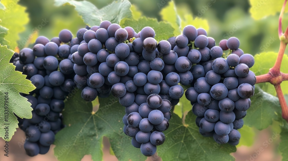 Fresh Dark Blue Grapes Hanging on Green Vine Leaves in a Vineyard Setting, Symbolizing Abundance, Nature, and Healthy Eating Choices in Agriculture Landscape Fresh Dark Blue Grapes Hanging on Green Vine Leaves in a Vineyard Setting, Symbolizing Abundance, Nature, and Healthy Eating Choices in Agriculture Landscape