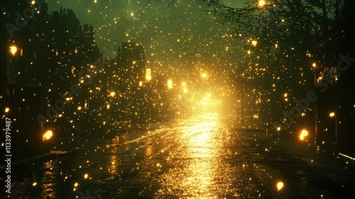 Rainy city street at night, glowing lights and magical particles. Perfect for fantasy, magic, or melancholic themes.